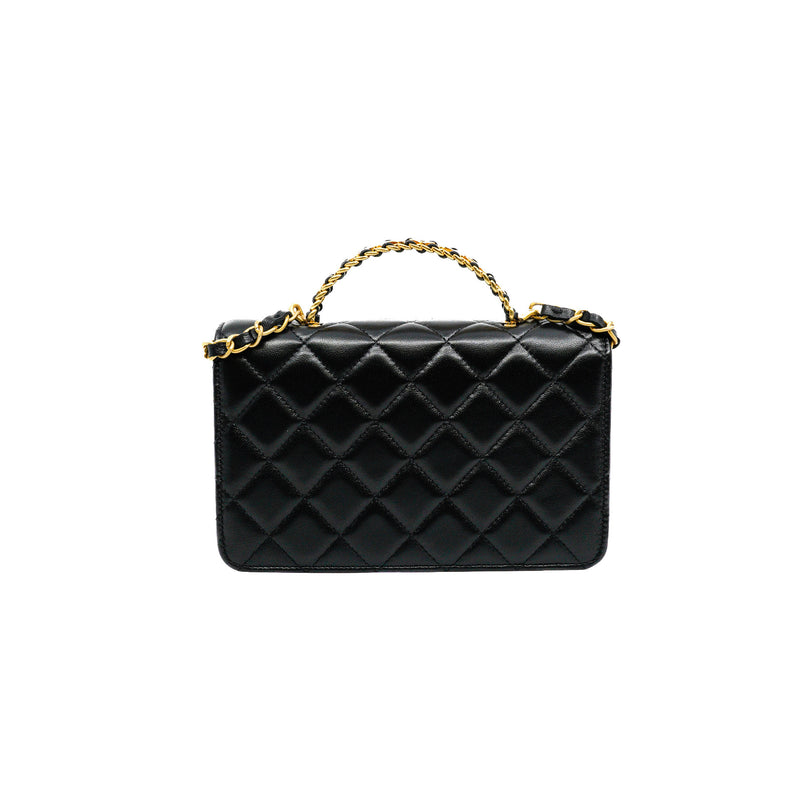 Logo Top Handle Black Wallet On Chain Lambskin GHW - L'UXE LINK