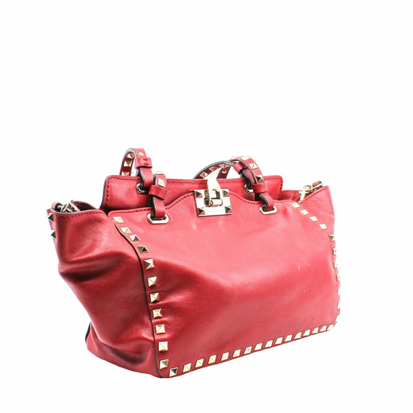 Rockstud Tote Pebbled Small Leather Red PHW - L'UXE LINK