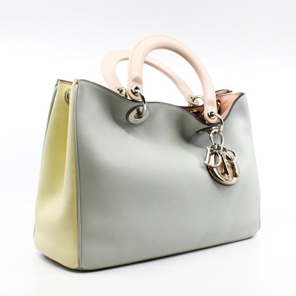 Medium Diorissimo In Grey/Yellow/Pink Calfskin Leather Handbag PHW With Strap - L'UXE LINK