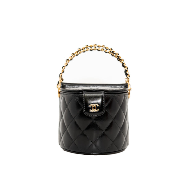 Double Sided In Black Shiny Lambskin Quilted Round Top Handle Vanity Bag GHW With Chain - L'UXE LINK