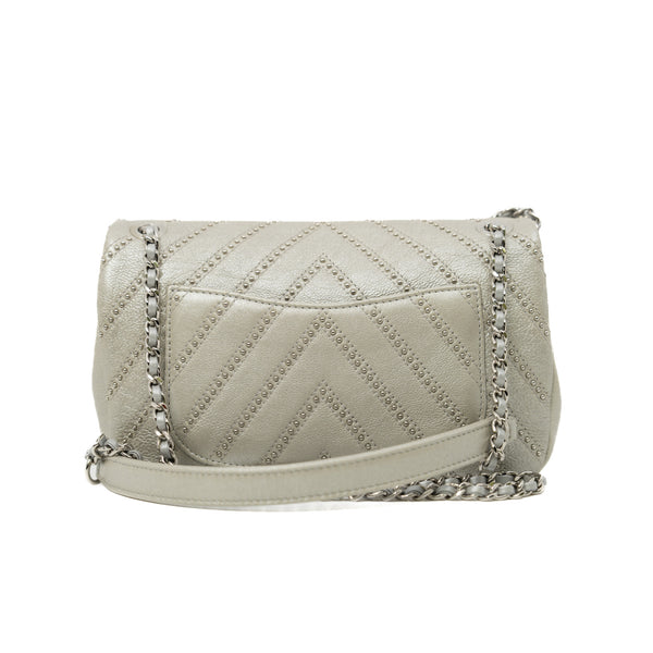 Small Metallic Grey Chevron Calfskin Studded Classic Flap Bag PHW Seri 24 - L'UXE LINK