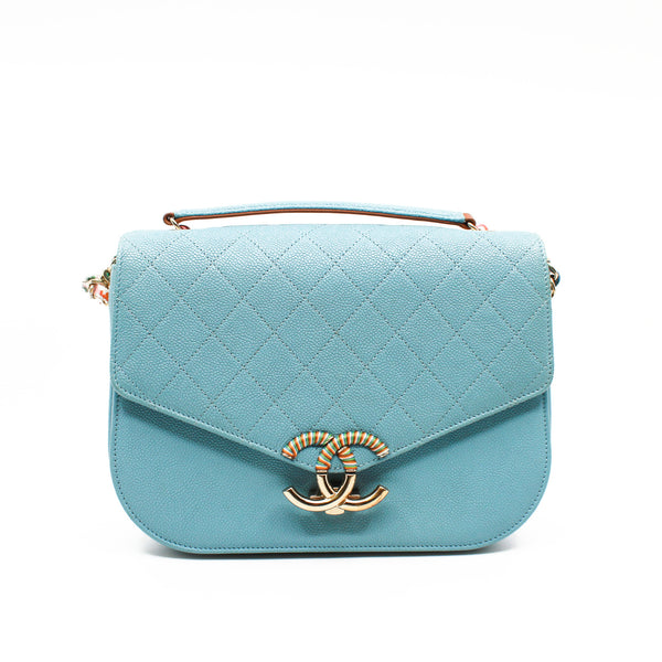 Medium Thread Around Light Blue Grained Calfskin Quilted Cuba Top Handle Flap Bag GHW Seri 23 - L'UXE LINK