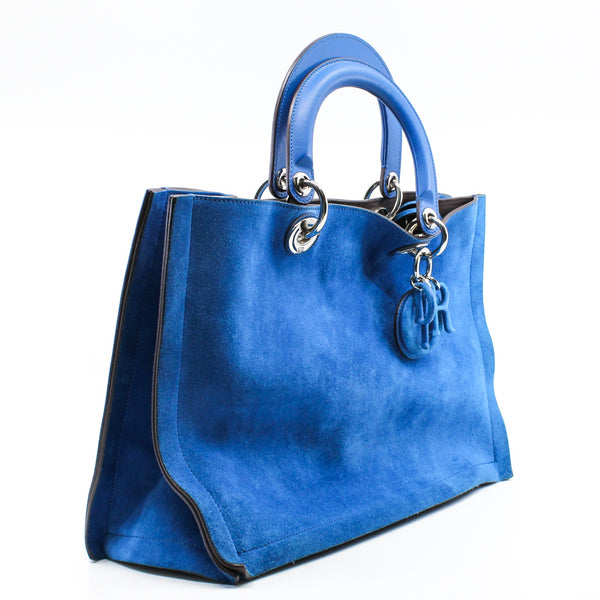 Medium Diorissimo In Blue Suede Leather Handbag Blue/PHW With Strap - L'UXE LINK