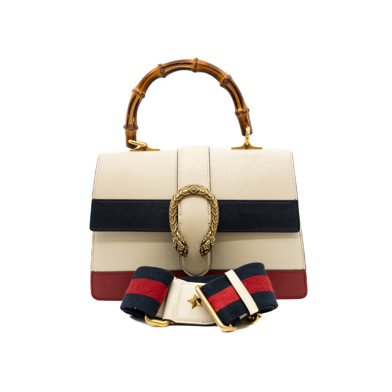 medium dionysus with bamboo handle in leather white/navy/red ghw