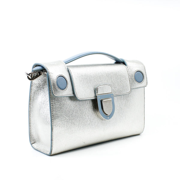 Metallic Silver/Blue Grained Calfskin Diorever Squad Flap Bag PHW With Strap