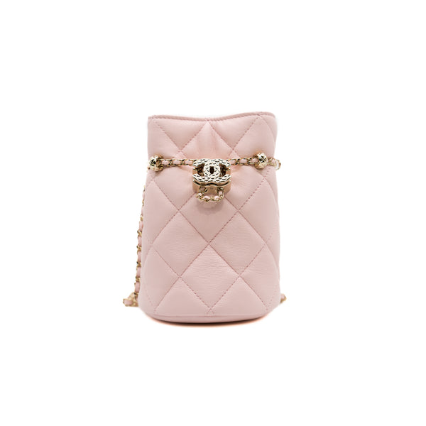 Micro CC Drawstring Bucket Bag In Light Pink Calfskin GHW Seri 32 - L'UXE LINK