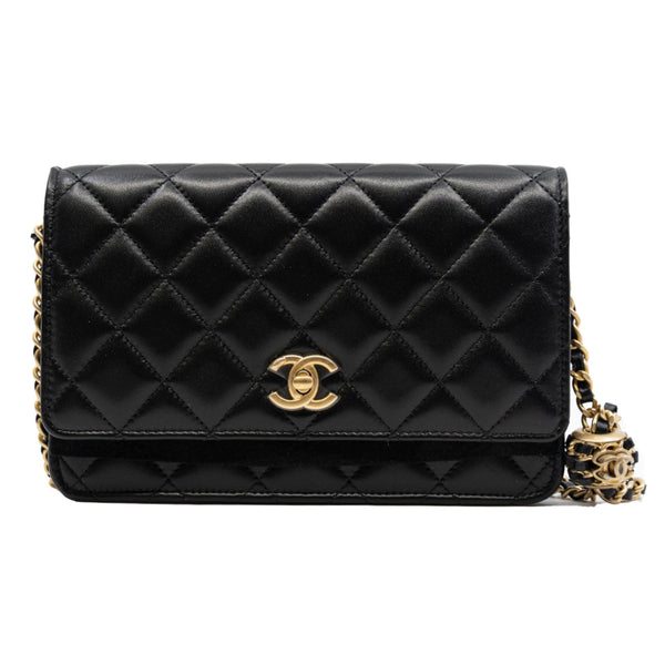 Pearl Crush Black Lambskin Leather Wallet On Chain GHW - L'UXE LINK