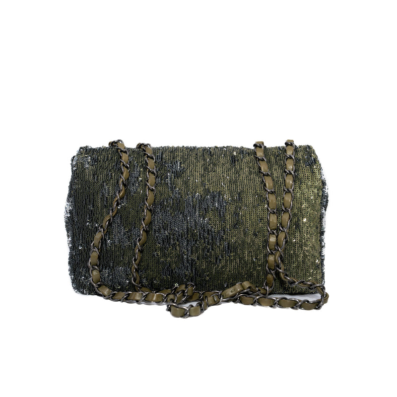 Green Sequin Coco Cuba Medium Single Flap Bag Ruthenium Hardware Seri 23 - L'UXE LINK