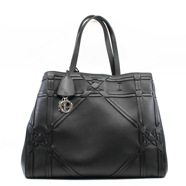 Black Cannage Detail Leather Shopper Tote Bag With Pouch PHW - L'UXE LINK