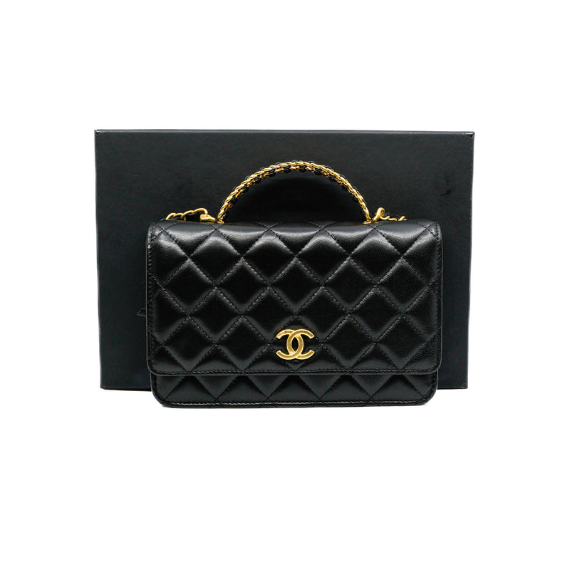 Logo Top Handle Black Wallet On Chain Lambskin GHW - L'UXE LINK