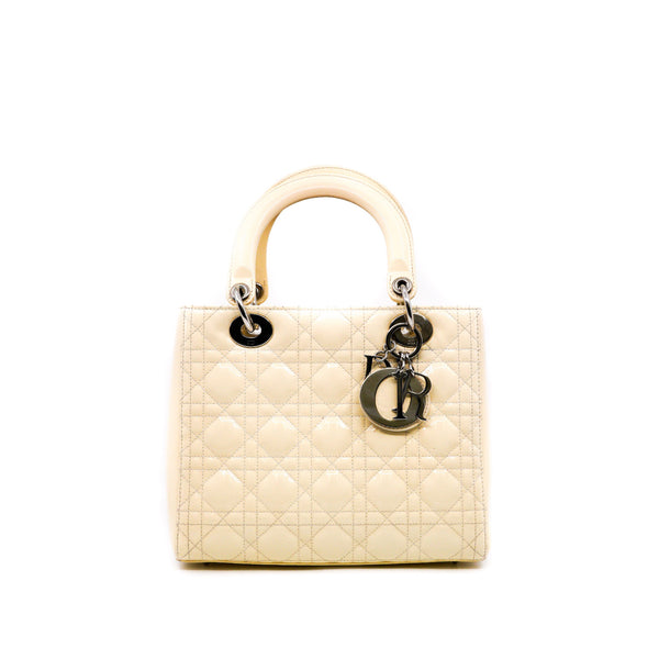 Medium Lady Dior Bag Patent Leather Beige White PHW With Strap - L'UXE LINK