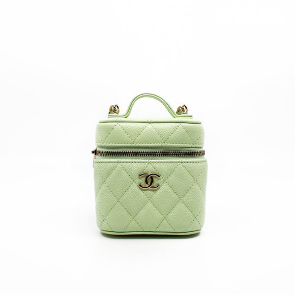 Small Green Caviar Leather Quilted Handle With Care Vanity Case GHW With Chain Seri 31 - L'UXE LINK