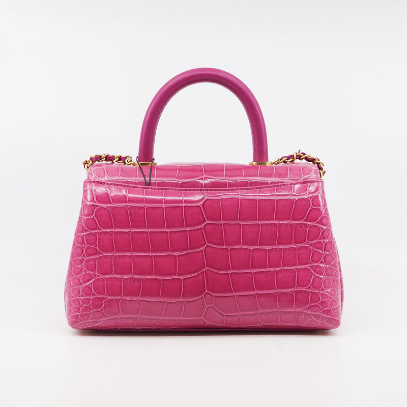 Small Coco Handle In Hot Pink Alligator Handbag GHW Seri 24 - L'UXE LINK