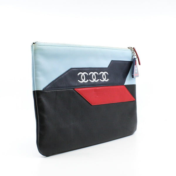 16P CC Logo Airline Pouch Lambskin Leather In Blue/Red/Black SHW - L'UXE LINK