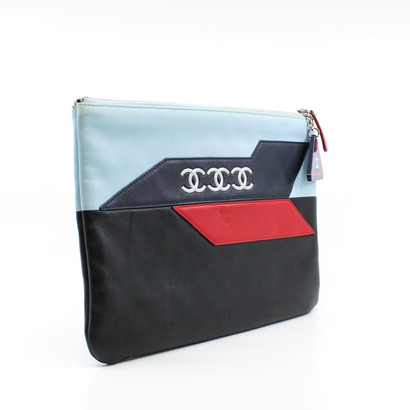 16P CC Logo Airline Pouch Lambskin Leather In Blue/Red/Black SHW