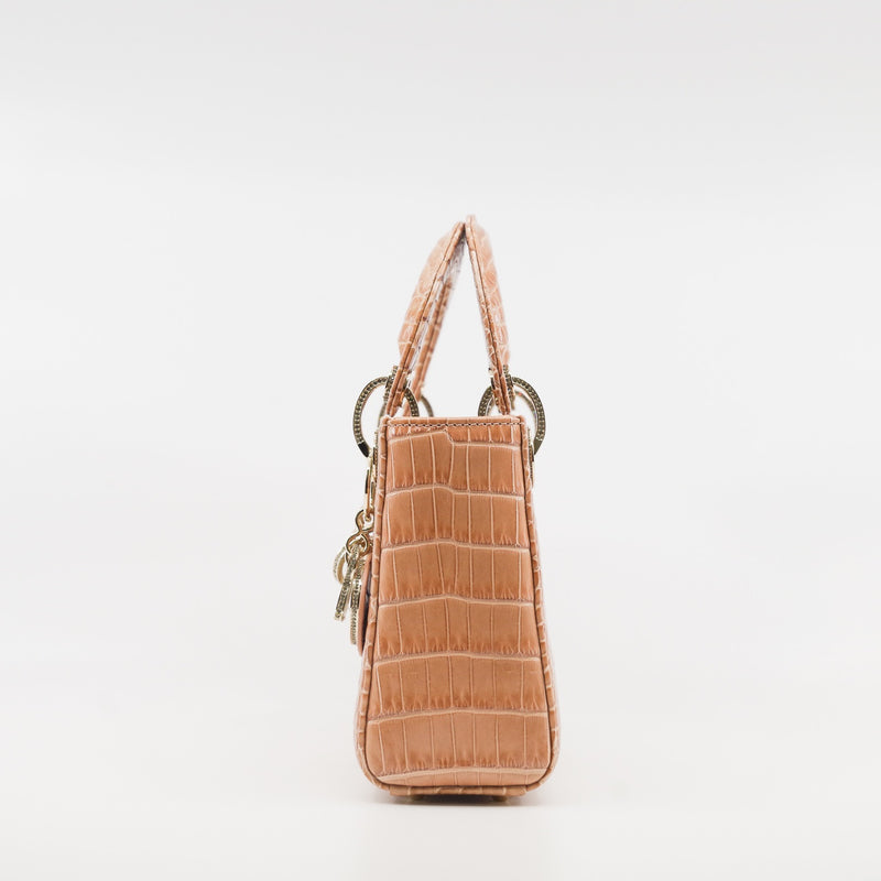 Mini Lady Dior In Peach Alligator Leather Handbag Crystal Hardware With Chain - L'UXE LINK