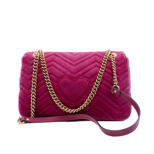 GG Marmont Medium Pink Matelasse Velvet Embroidered Blind For Love Flap Bag