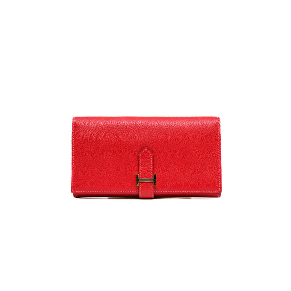 Bearn Soufflet Long Mysore Leather Rouge Garance Wallet GHW R Stamp - L'UXE LINK