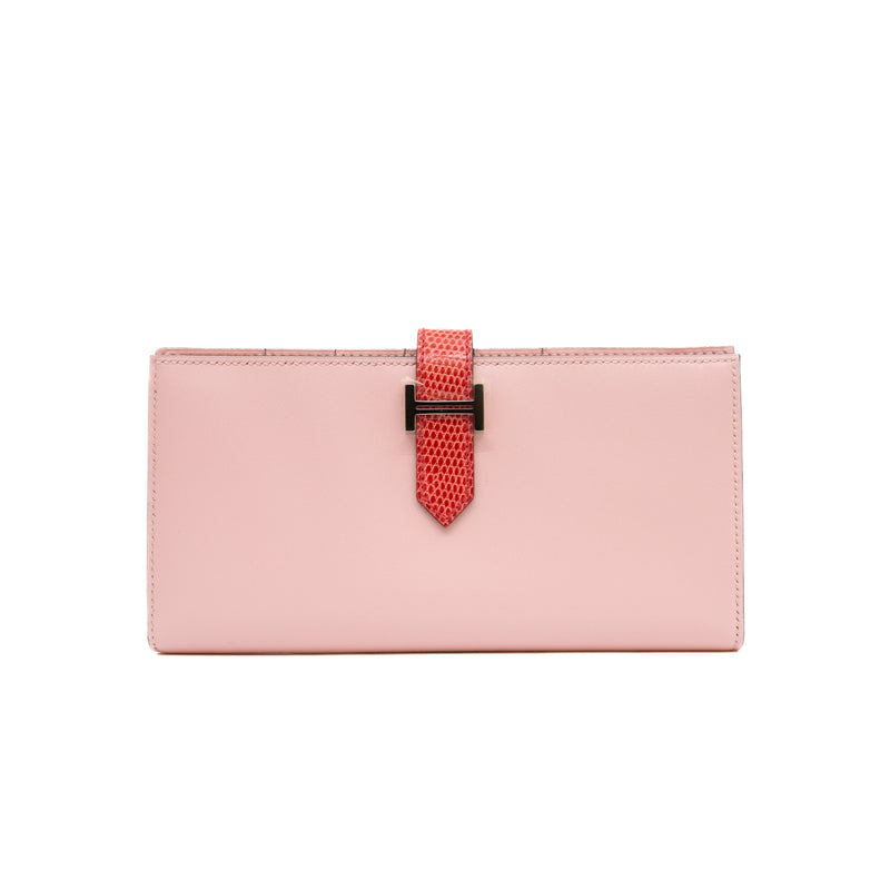 Bearn Long Wallet Rose Sakura/Bougainvillea Tadelakt/Lizard Leather PHW T Stamp - L'UXE LINK