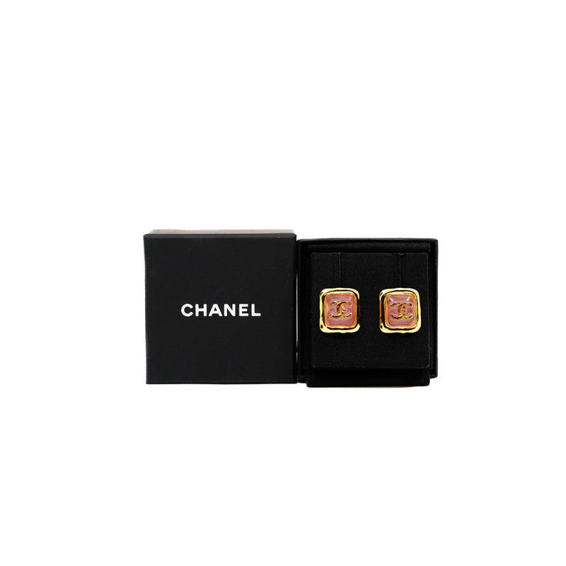 Pink Square Gold CC Logo Earrings - L'UXE LINK