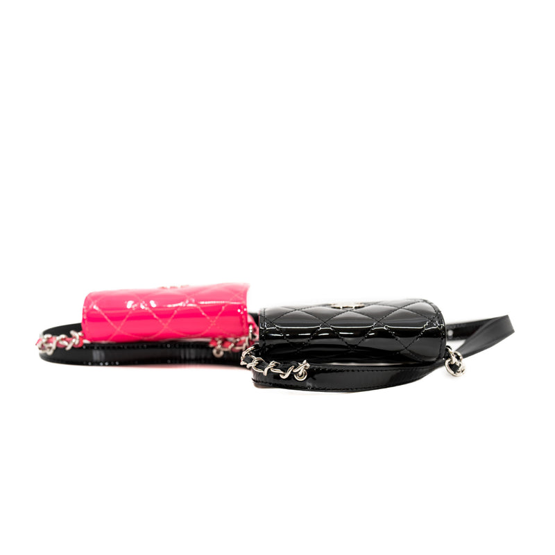 Belt In Love Black And Pink In Patent Leather Quilted Double Mini Flap Waist Bag Seri 29