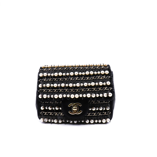 Mini Square Black Pearl And Chains Lambskin Quilted Flap Bag GHW Seri 30 - L'UXE LINK