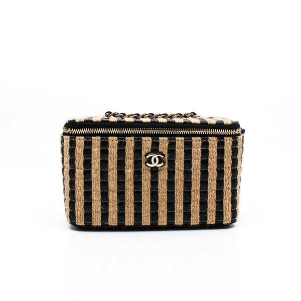 Small Black And Beige Raffia Jute Striped Vanity Case With Chain GHW Seri 30 - L'UXE LINK