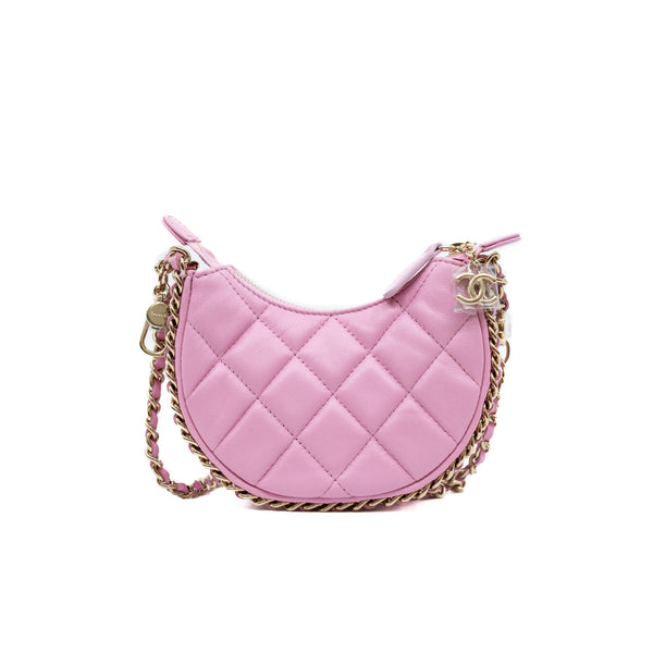 Mini Chain Around In Pink Lambskin Leather Hobo Bag GHW - L'UXE LINK