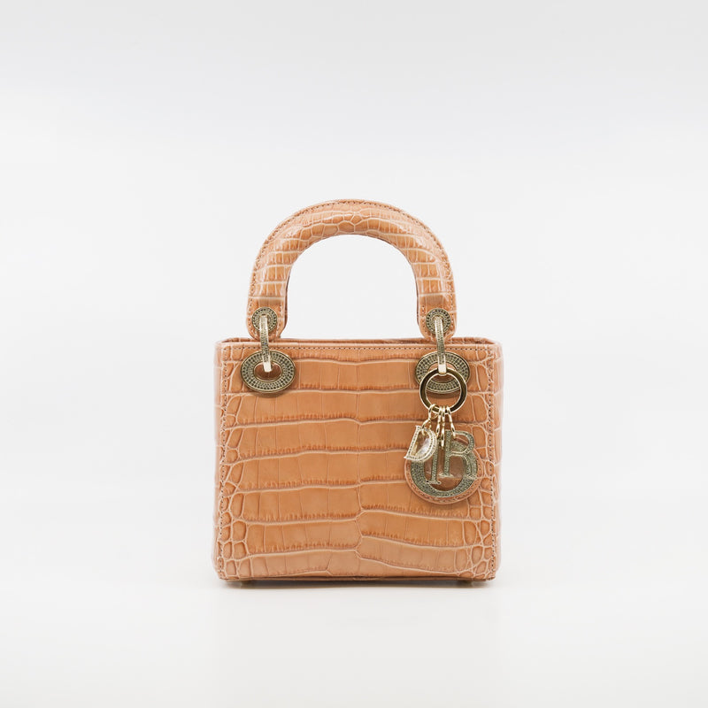 Mini Lady Dior In Peach Alligator Leather Handbag Crystal Hardware With Chain - L'UXE LINK