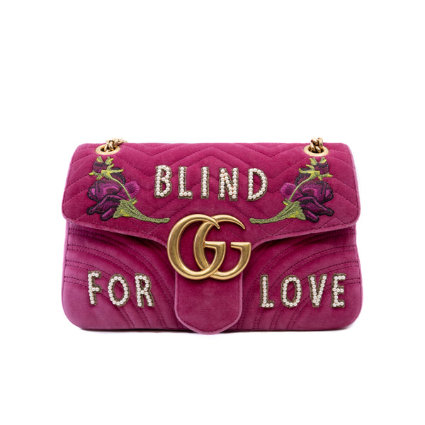 GG Marmont Medium Pink Matelasse Velvet Embroidered Blind For Love Flap Bag
