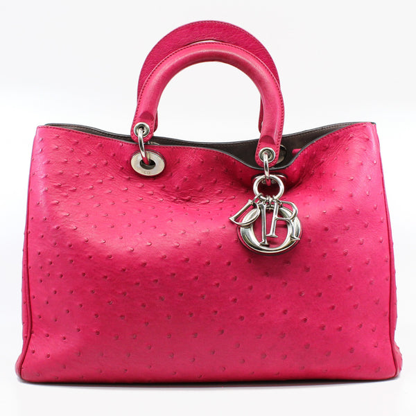 Large Ostrich Diorissimo In Fuchsia/Brown Handbag PHW With Strap - L'UXE LINK