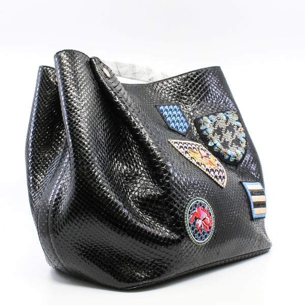 Black Python Leather Diorific Sequin Embroidered Patch Bucket Handbag GHW