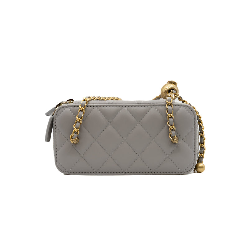 Lambskin Quilted Pearl Crush Small Vanity Case with Chain Grey Ghw #HL3 - L'UXE LINK