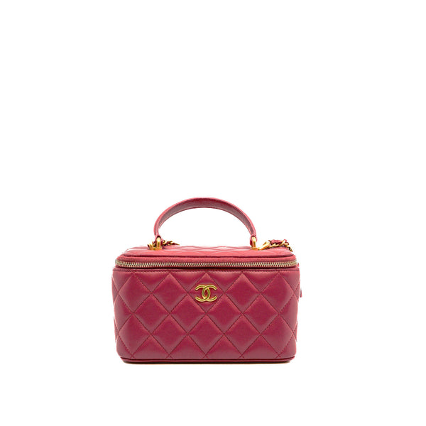 Small Top Handle In Dark Pink Lambskin Quilted Vanity Case With Chain GHW Seri 31 - L'UXE LINK