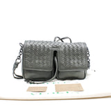 thumbnail Double Pocket Small Grey Flap Intrecciato Nappa Leather Crossbody Bag - L'UXE LINK