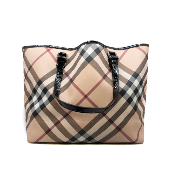 Burberry Beige Nova Check Coated Canvas and Patent Leather Nickie Tote with Pouch