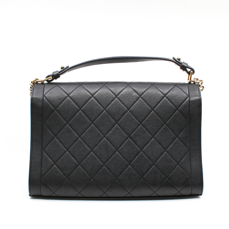 Large Label Click In Black Calfskin Leather Quilted Top Handle Flap Bag GHW Seri 23 - L'UXE LINK