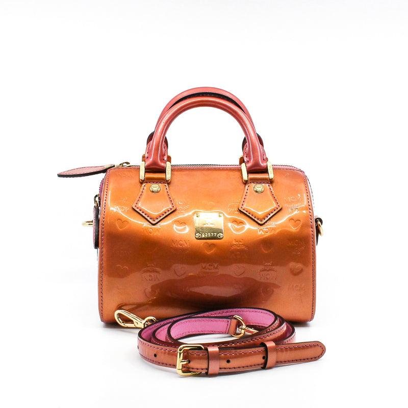 MCM Bronze/Pink Monogram Patent Leather Boston Bag GHW With Strap