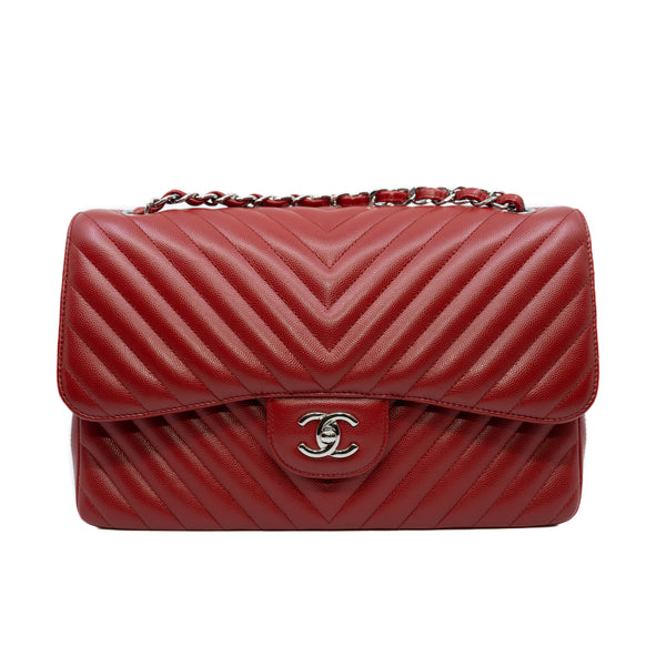 Large Cf In Chevron Caviar Calfskin Red Double Flap Bag Phw Seri 22 - L'UXE LINK