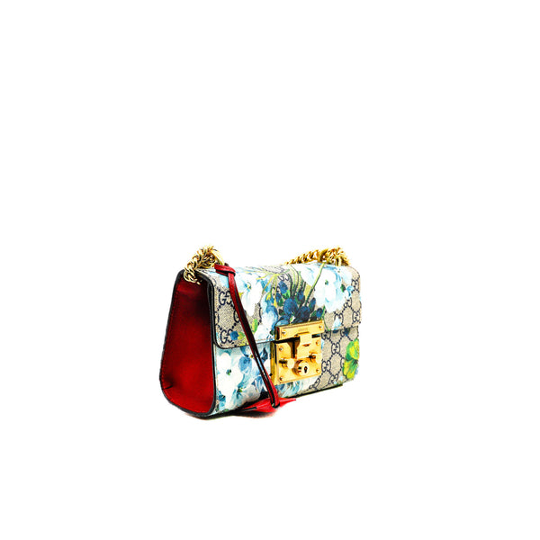 Small GG Supreme Monogram And Red Leather With Navy Blue Hibiscus Blooms Padlock Handbag GHW - L'UXE LINK