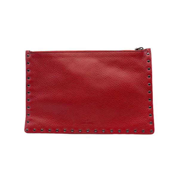 Black Rockstud Red Calfskin Zip-Up Clutch Bag - L'UXE LINK