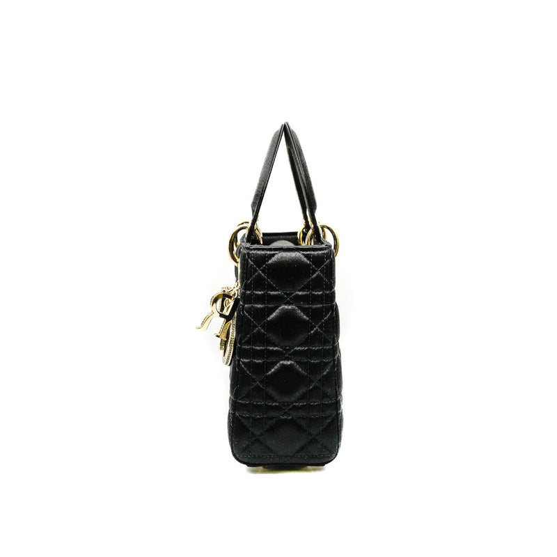 Small Black In Satin Lady Dior With Crystal Buckle GHW With Strap - L'UXE LINK