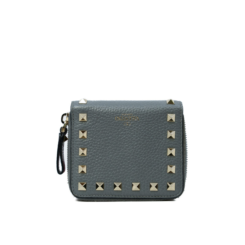 Rockstud Zip Around Wallet In Grey Calfskin Leather GHW - L'UXE LINK