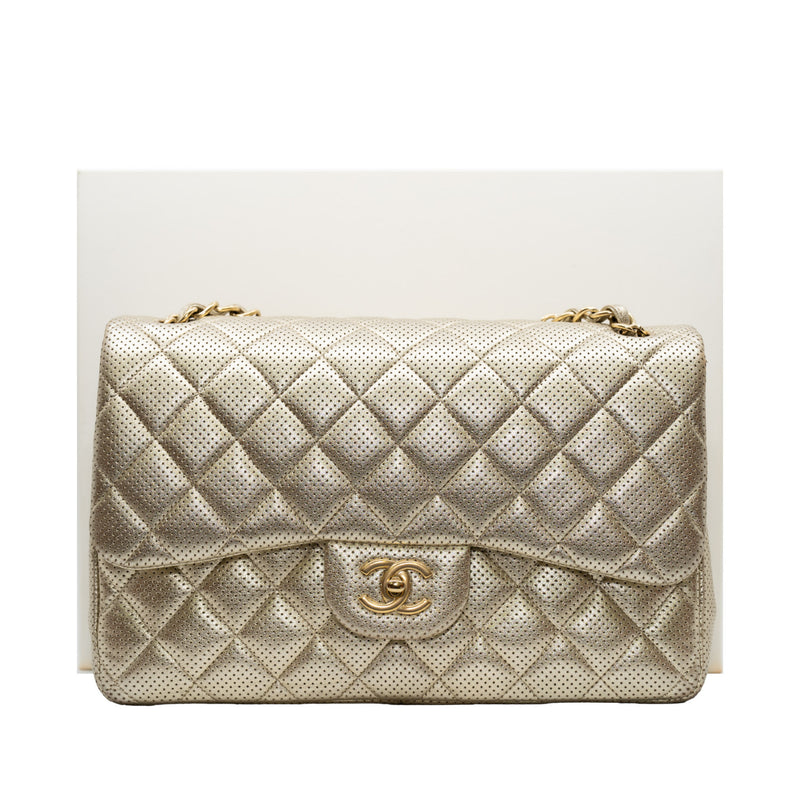 Jumbo Classic In Gold Quilted Perforated Lambskin Double Flap Bag GHW Seri 20 - L'UXE LINK