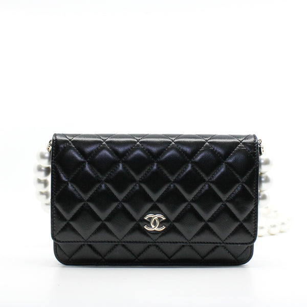 Pearl Wallet On Chain In Black Calfskin Leather Crossbody Bag Seri 30