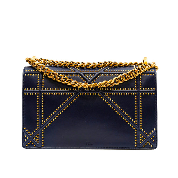 Medium Diorama Studded In Navy Lambskin Leather Flap Bag GHW - L'UXE LINK