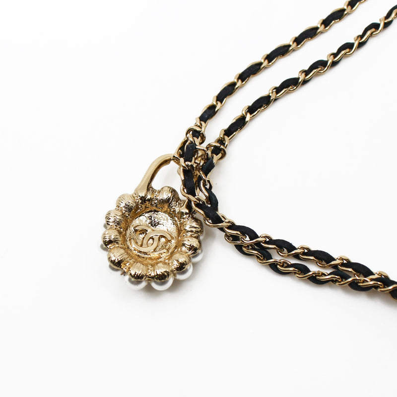 CC Logo And Pearl Lock In Black Leather Necklace GHW - L'UXE LINK