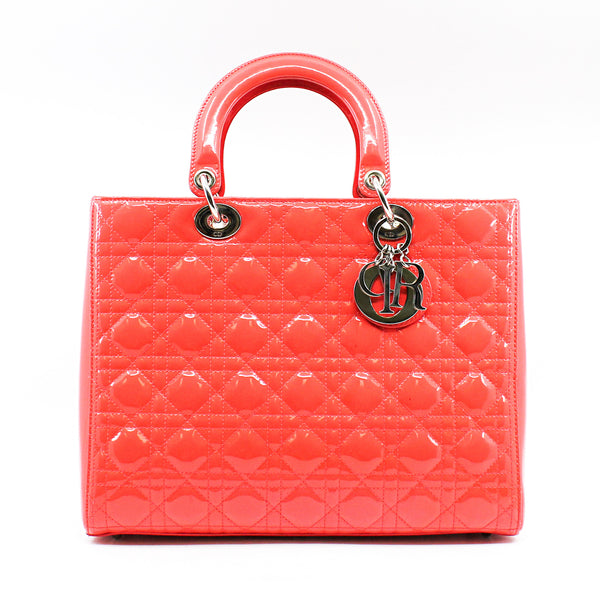 Large Cannage Lady Dior In Orange Red Patent Leather Handbag PHW With Strap - L'UXE LINK