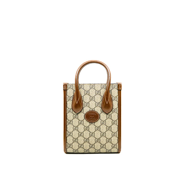 Mini Tote Bag With Interlocking G In Beige And Ebony GG Supreme Canvas GHW - L'UXE LINK