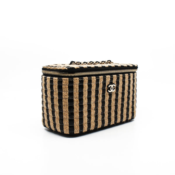 Small Black And Beige Raffia Jute Striped Vanity Case With Chain GHW Seri 30 - L'UXE LINK